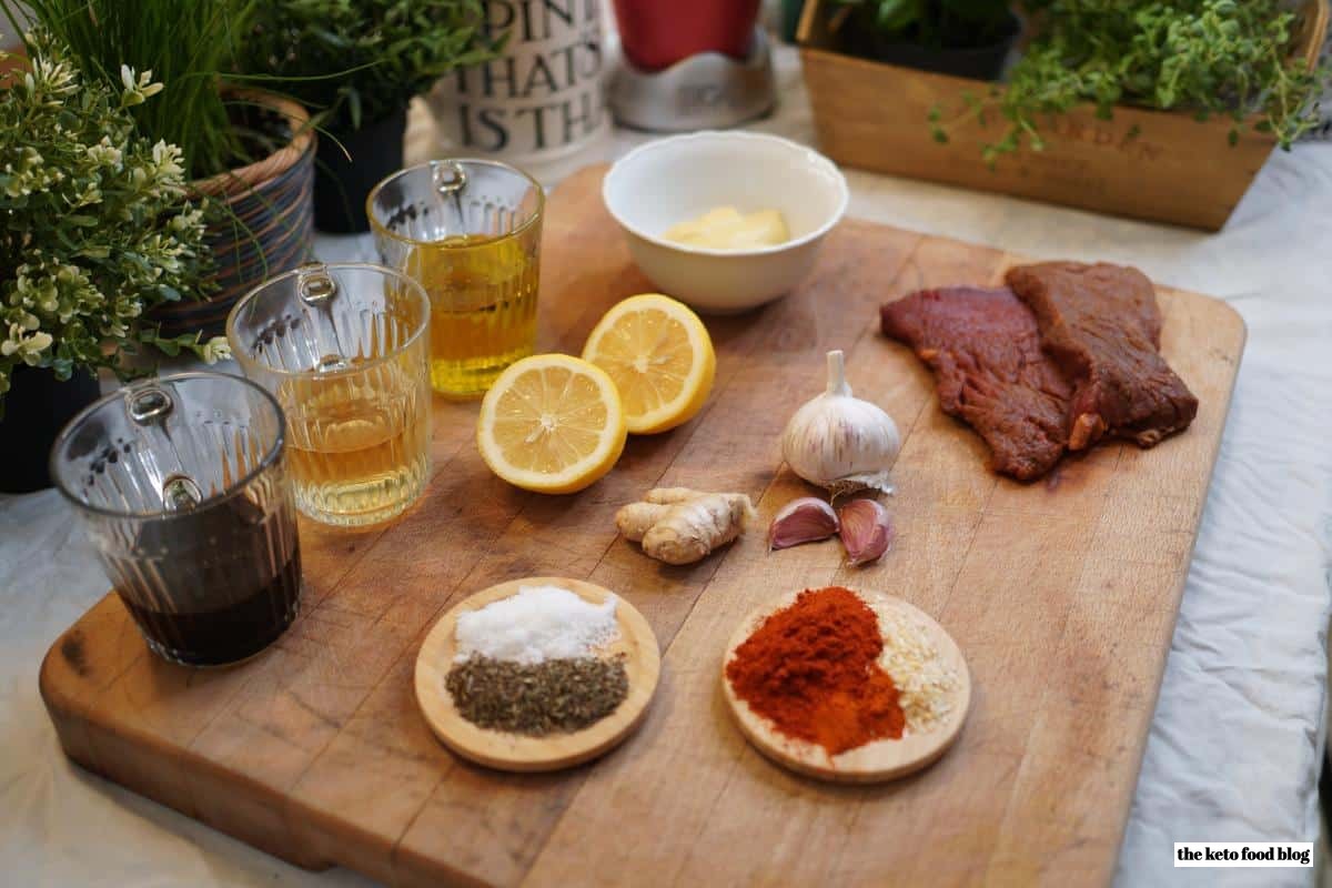 Ingredients for Grilled Flank steak on wooden chopping board