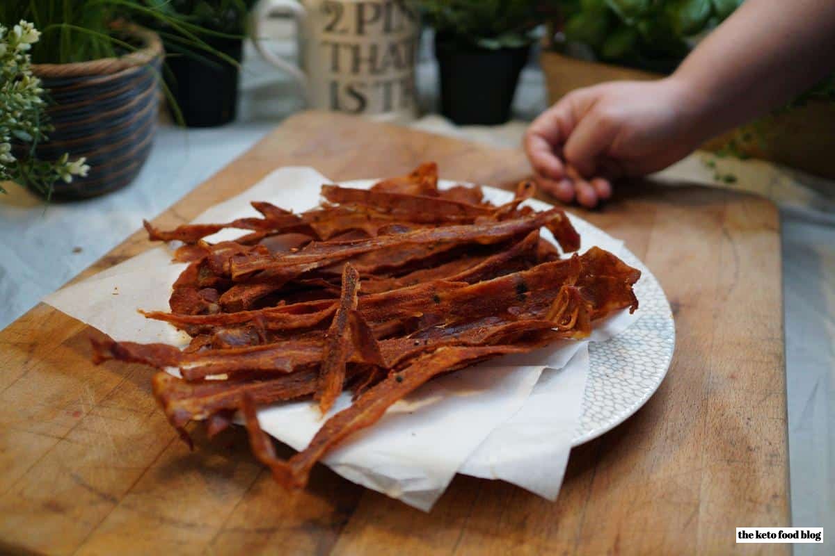 Strips of paprika smoked bacon jerky