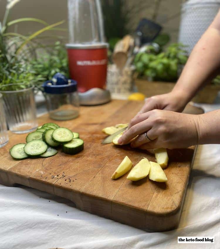 Chopping ingredients for Super Food Green Smoothie